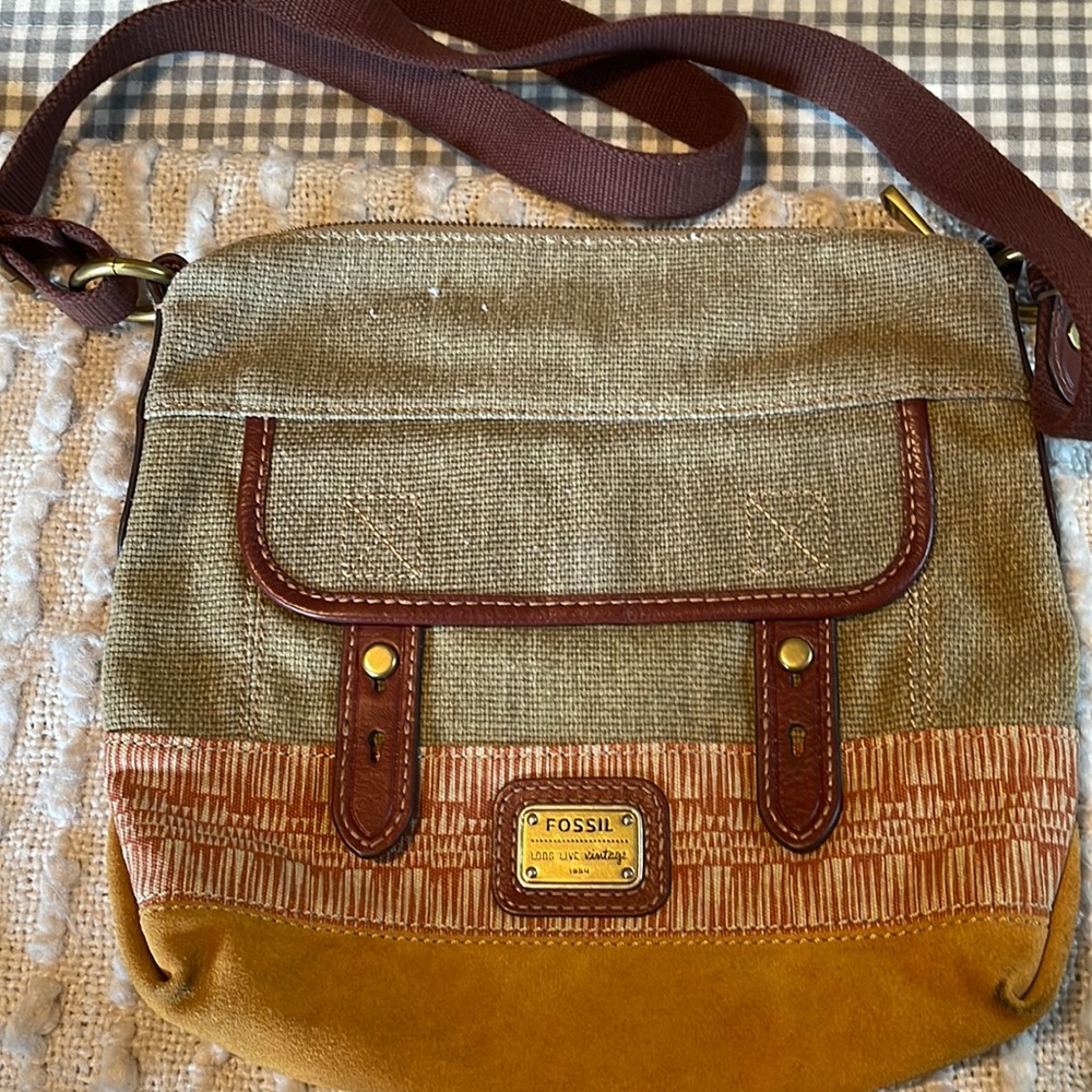 Fossil Olive and Tan Crossbody Bag